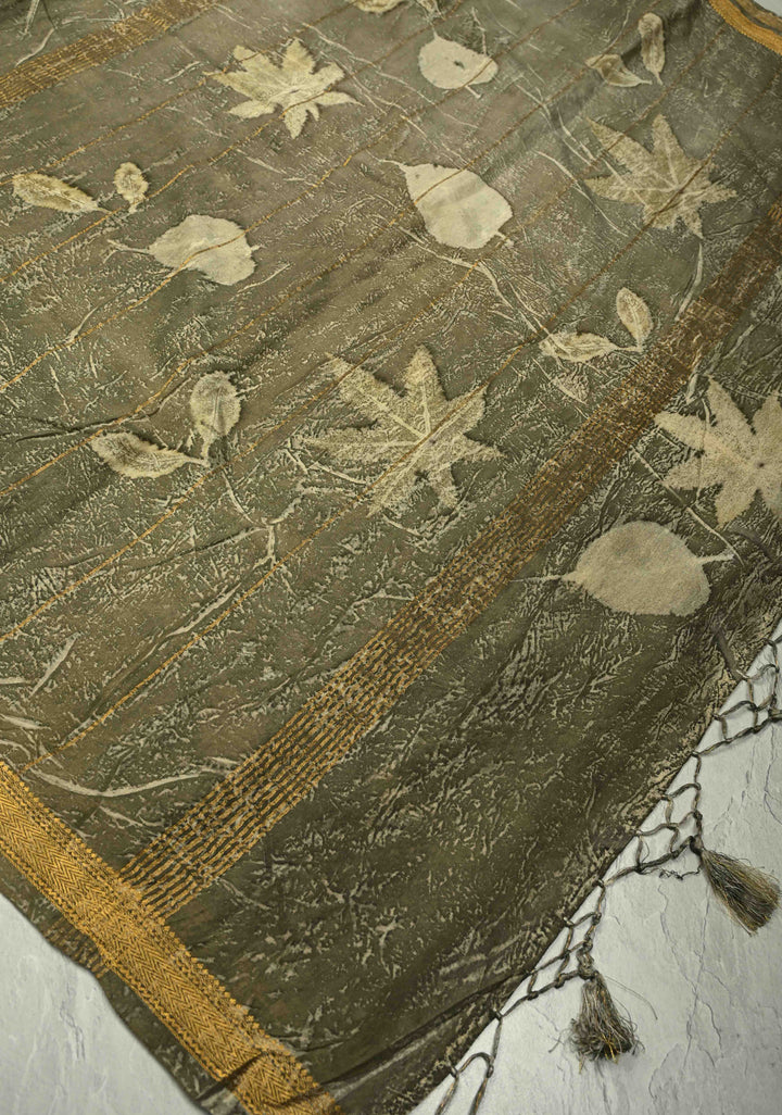 Gray Eco print on Chanderi  Silk Saree with Leaf Buttas and Minimal Zari Border
