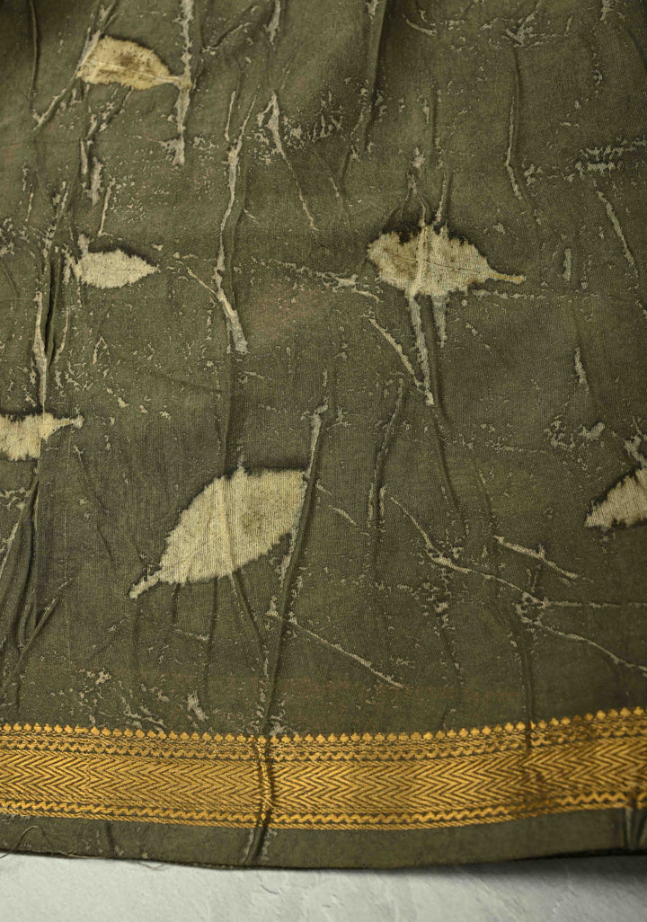 Gray Eco print on Chanderi  Silk Saree with Leaf Buttas and Minimal Zari Border