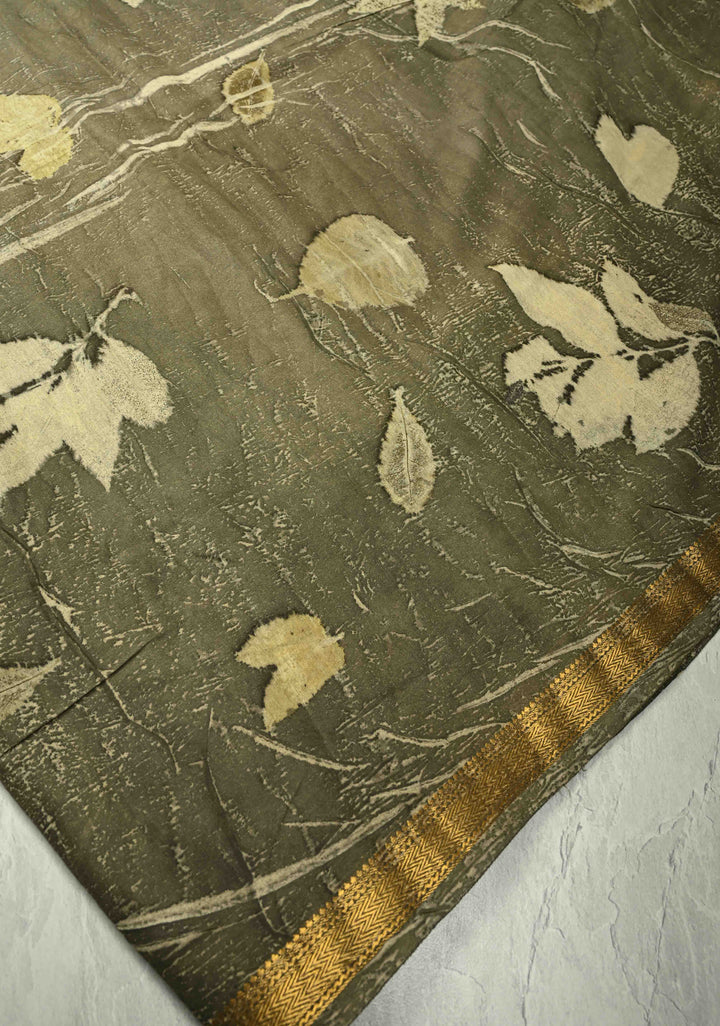 Gray Eco print on Chanderi  Silk Saree with Leaf Buttas and Minimal Zari Border