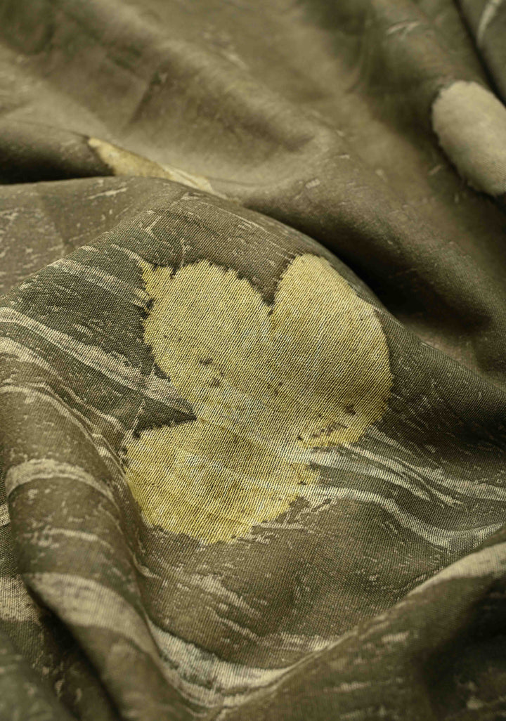 Gray Eco print on Chanderi  Silk Saree with Leaf Buttas and Minimal Zari Border