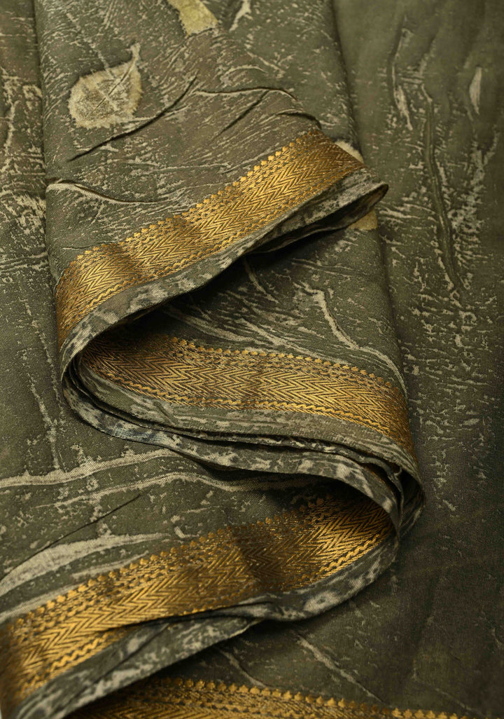 Gray Eco print on Chanderi  Silk Saree with Leaf Buttas and Minimal Zari Border