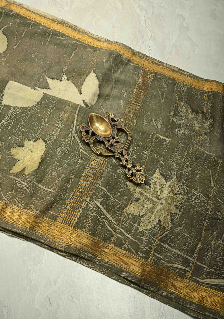 Gray Eco print on Chanderi  Silk Saree with Leaf Buttas and Minimal Zari Border