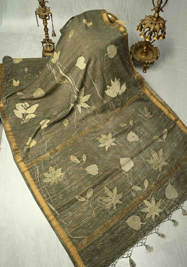 Gray Eco print on Chanderi  Silk Saree with Leaf Buttas and Minimal Zari Border
