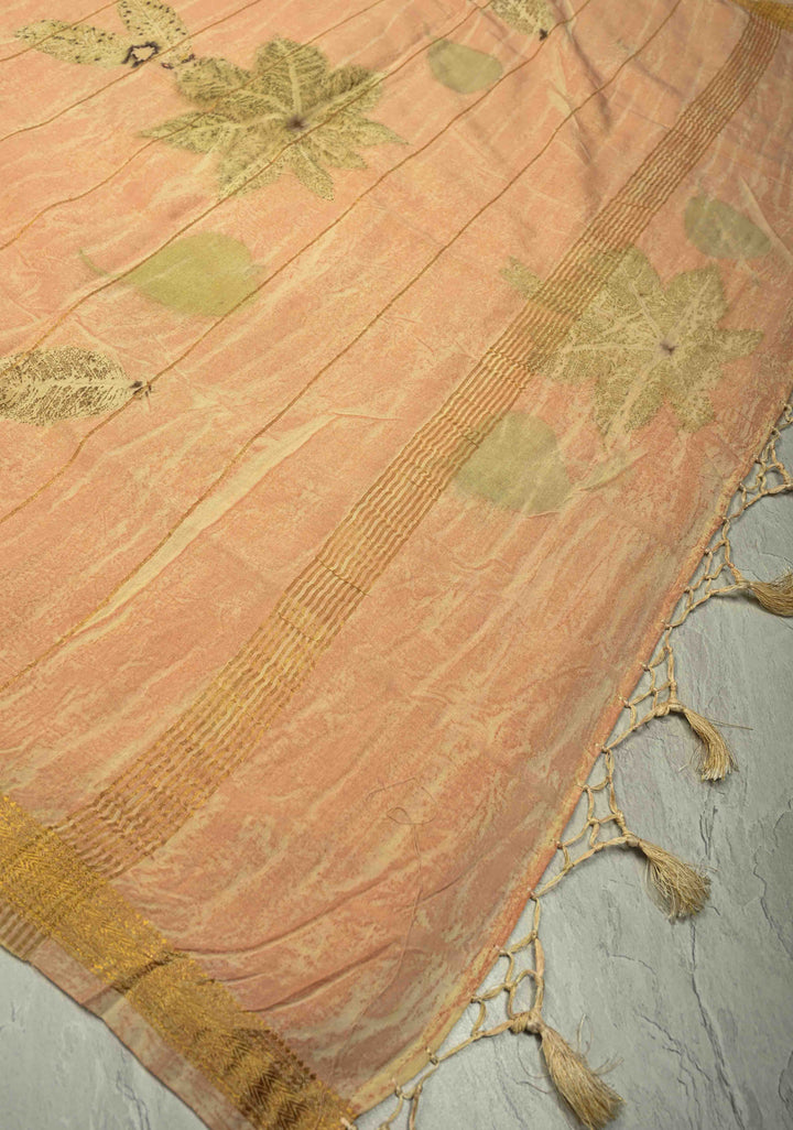 Peach Eco print on Chanderi  Silk Saree with Leaf Buttas and Minimal Zari Border