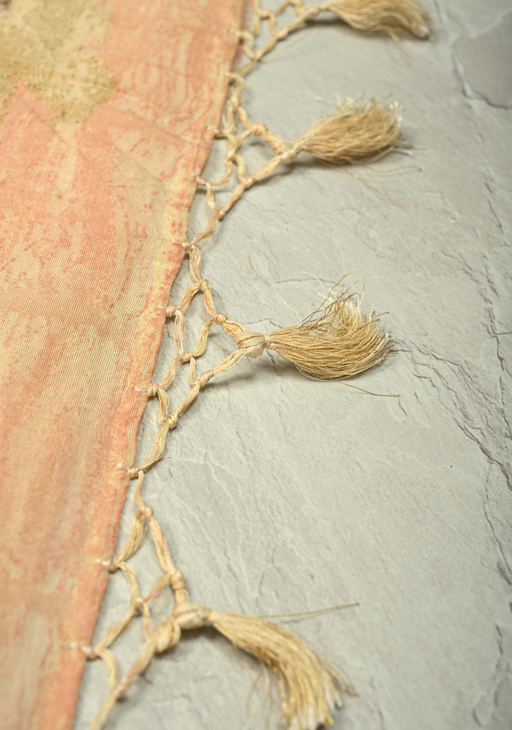 Peach Eco print on Chanderi  Silk Saree with Leaf Buttas and Minimal Zari Border