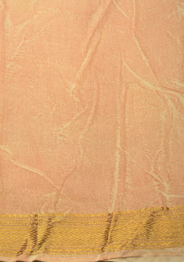 Peach Eco print on Chanderi  Silk Saree with Leaf Buttas and Minimal Zari Border
