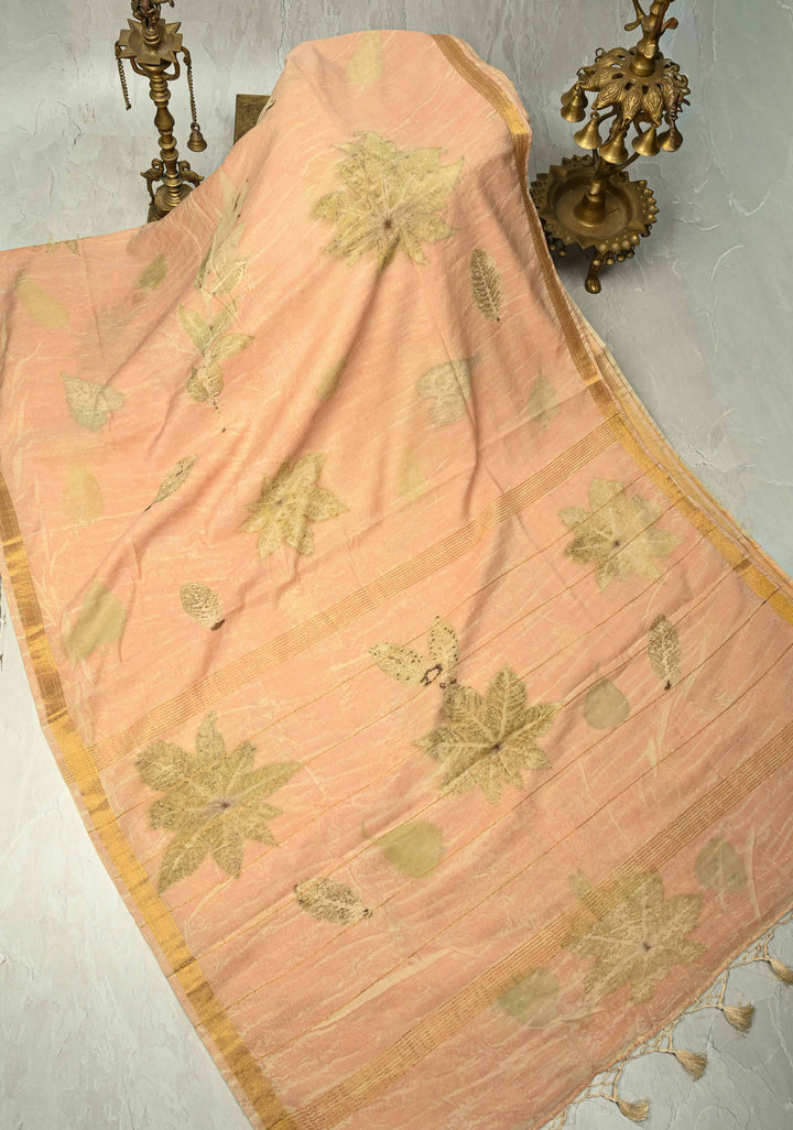 Peach Eco print on Chanderi  Silk Saree with Leaf Buttas and Minimal Zari Border