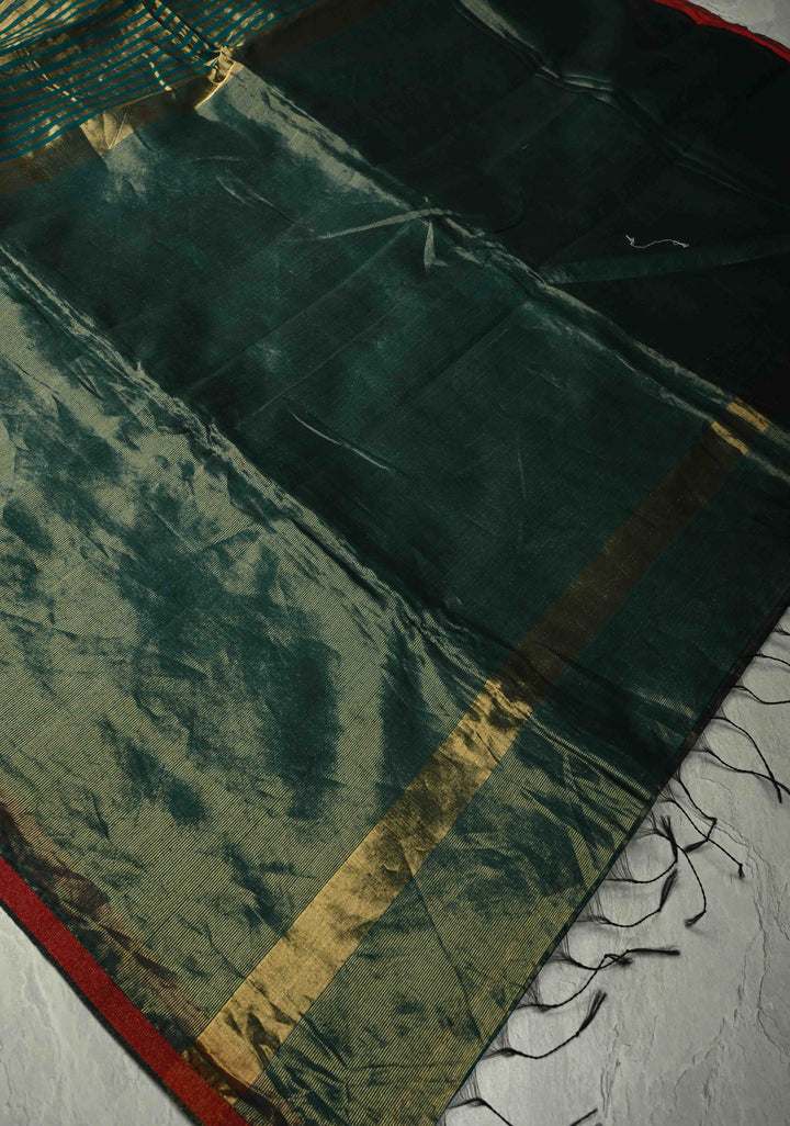 Green Handwoven Maheshwari Tissue Silk Cotton Saree with Vertical Stripes and Minimal Zari Borders