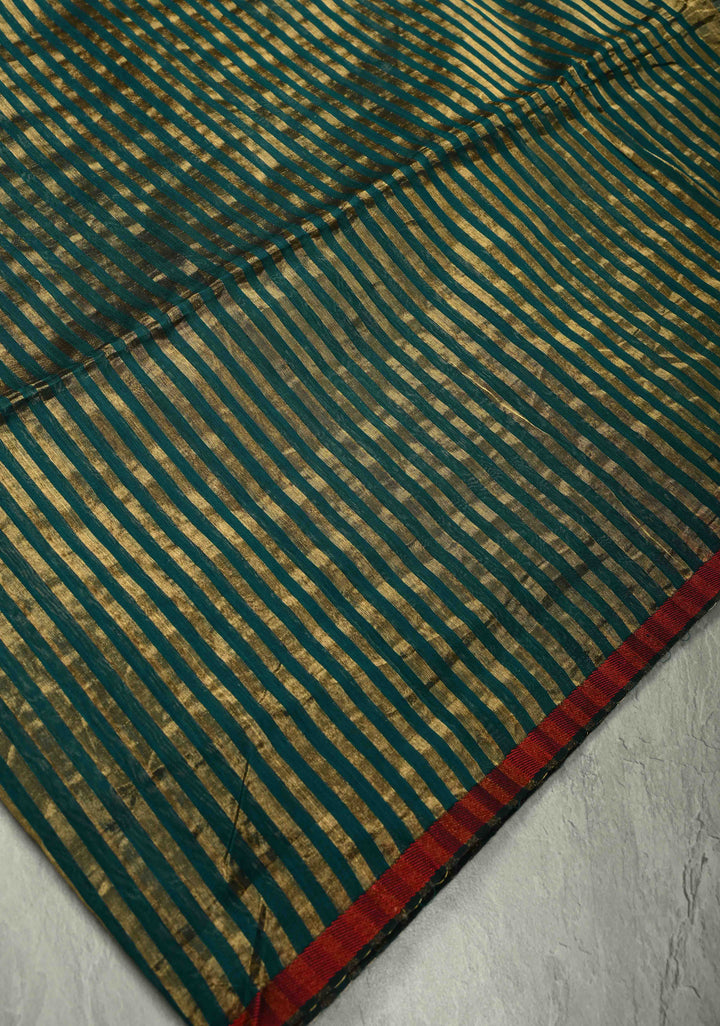 Green Handwoven Maheshwari Tissue Silk Cotton Saree with Vertical Stripes and Minimal Zari Borders