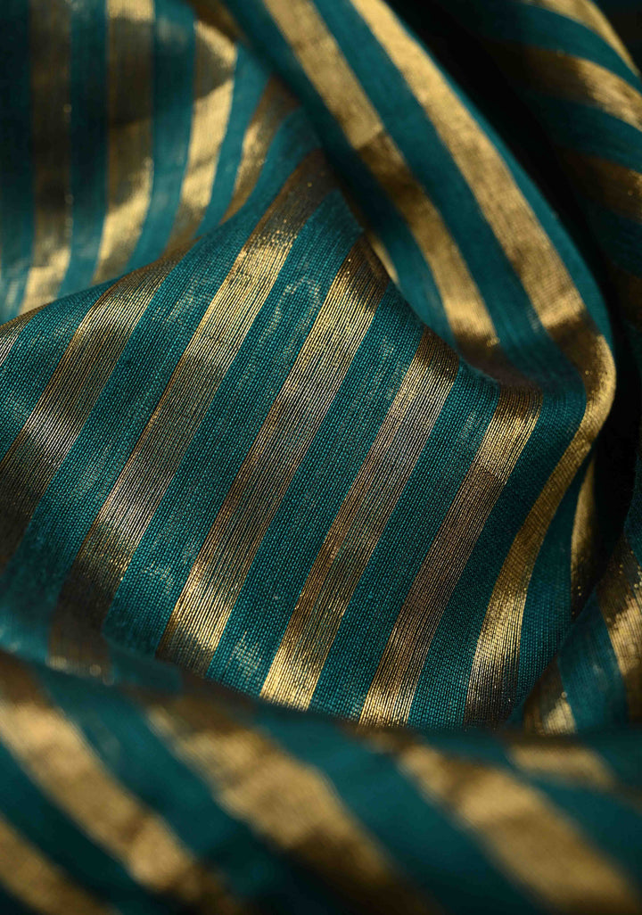 Green Handwoven Maheshwari Tissue Silk Cotton Saree with Vertical Stripes and Minimal Zari Borders