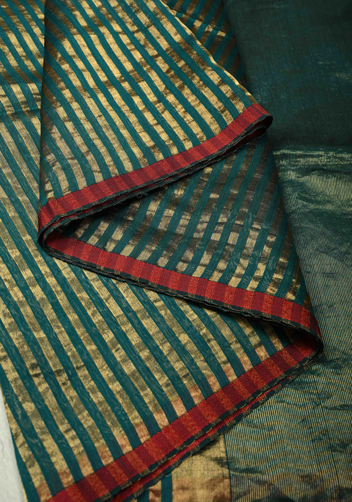 Green Handwoven Maheshwari Tissue Silk Cotton Saree with Vertical Stripes and Minimal Zari Borders