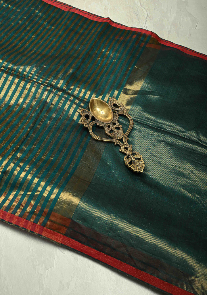 Green Handwoven Maheshwari Tissue Silk Cotton Saree with Vertical Stripes and Minimal Zari Borders