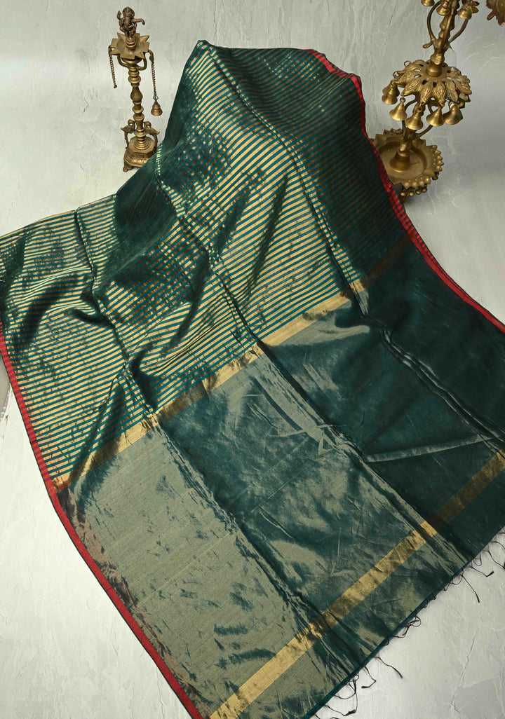 Green Handwoven Maheshwari Tissue Silk Cotton Saree with Vertical Stripes and Minimal Zari Borders