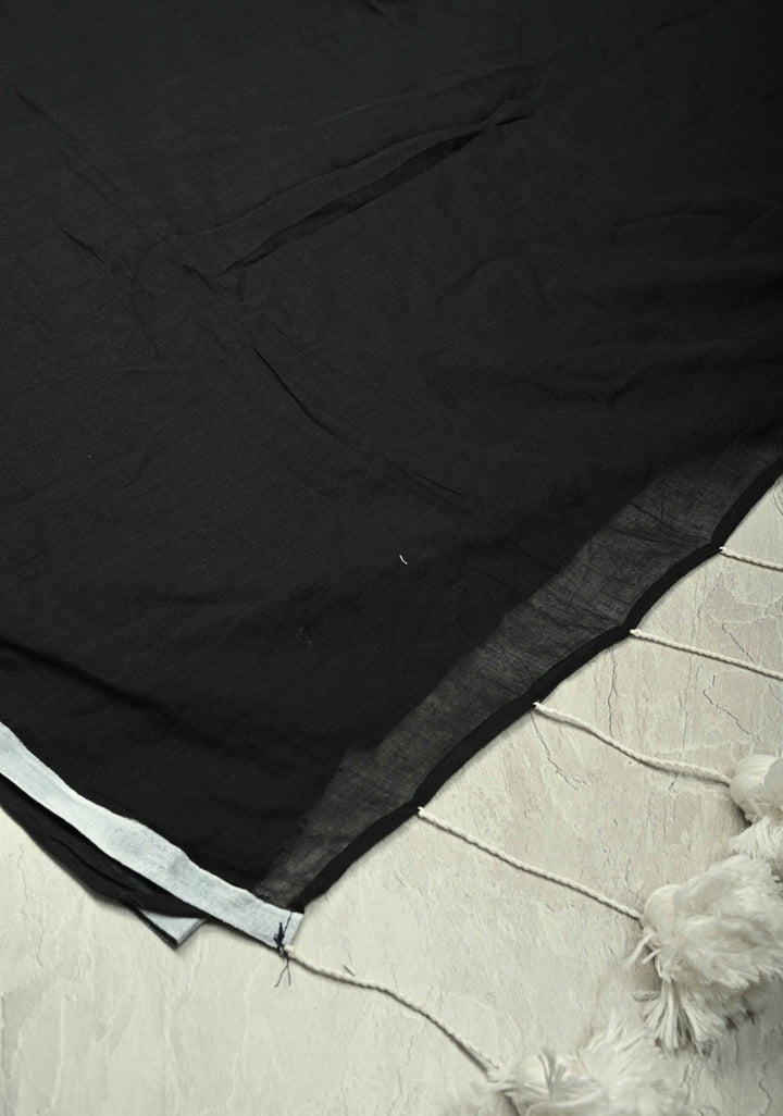 Black Mulmul Cotton Saree with White Long tassels,No Blouse Piece