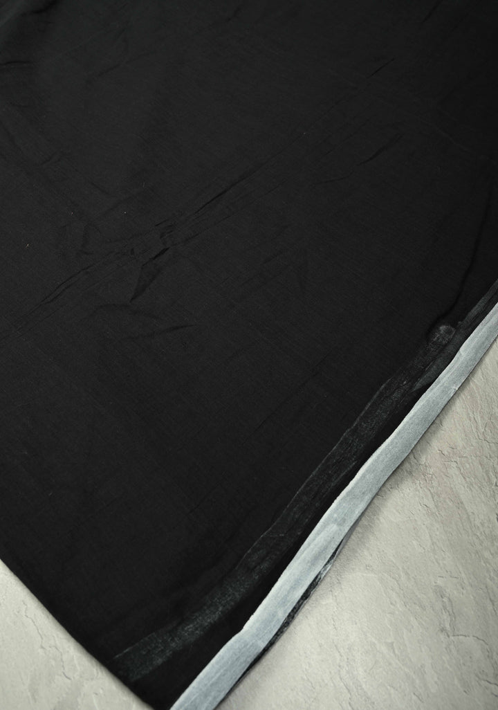 Black Mulmul Cotton Saree with White Long tassels,No Blouse Piece