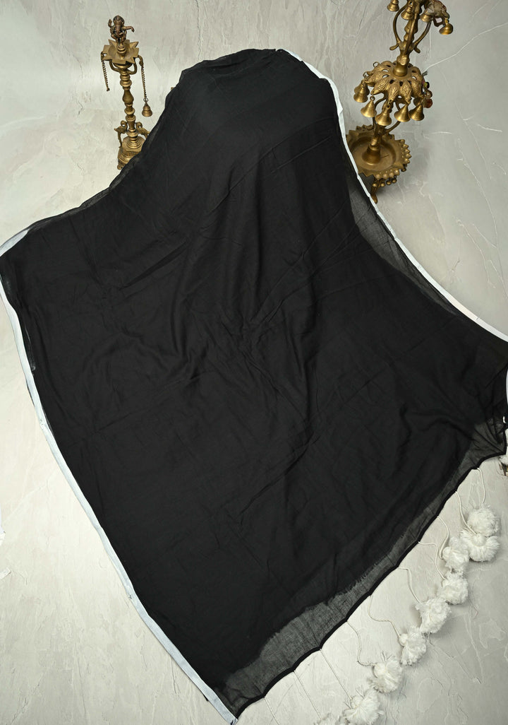 Black Mulmul Cotton Saree with White Long tassels,No Blouse Piece
