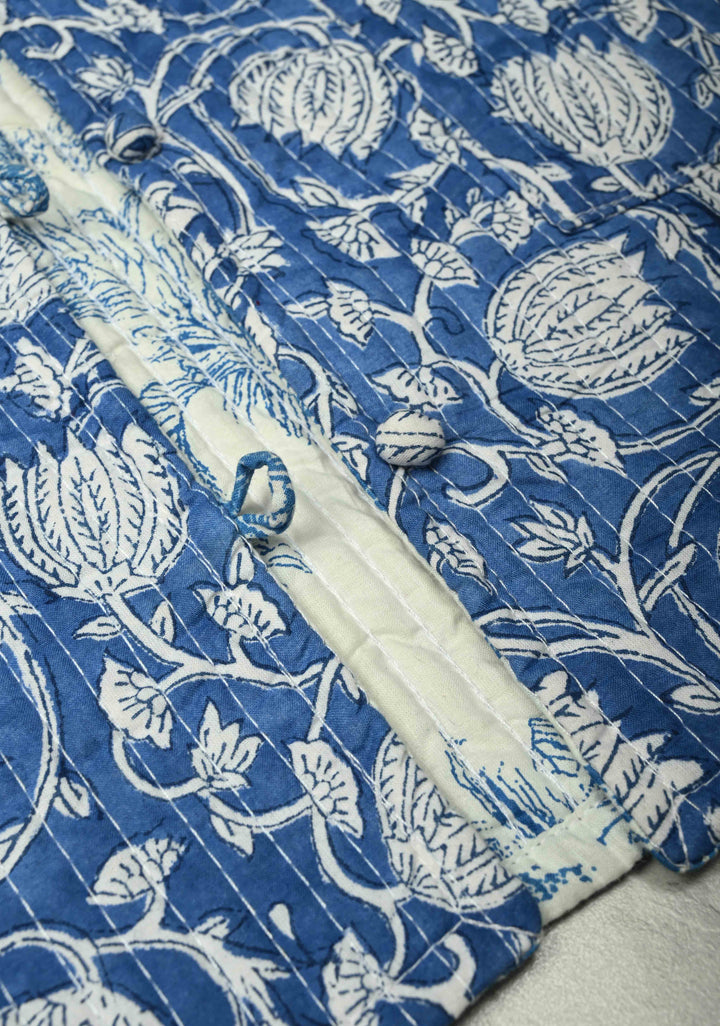 Indigo Sanganeri Print Quilted reversible jacket