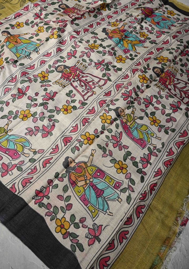 Olive Green Tussar Silk saree with Madhubani Handpainted | SILK MARK CERTIFIED