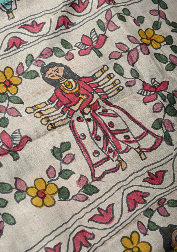 Olive Green Tussar Silk saree with Madhubani Handpainted | SILK MARK CERTIFIED