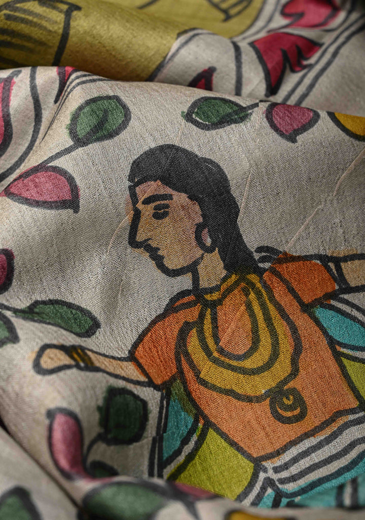 Olive Green Tussar Silk saree with Madhubani Handpainted | SILK MARK CERTIFIED