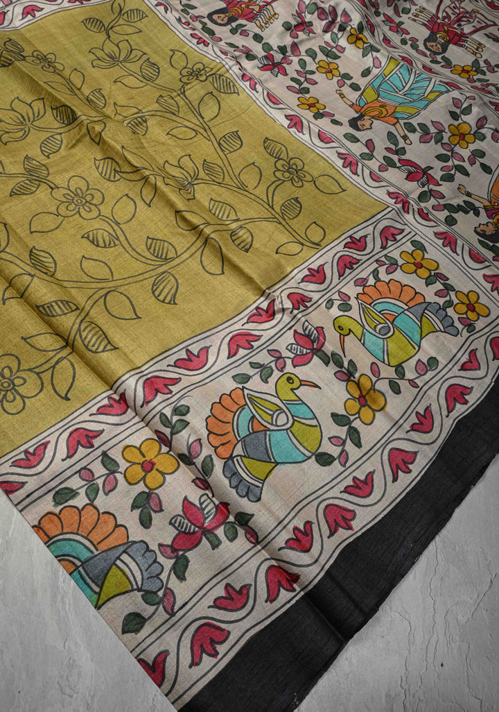 Olive Green Tussar Silk saree with Madhubani Handpainted | SILK MARK CERTIFIED
