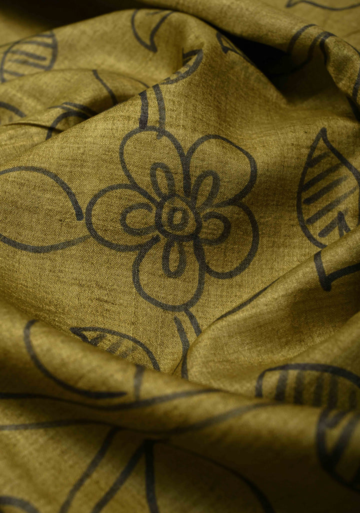 Olive Green Tussar Silk saree with Madhubani Handpainted | SILK MARK CERTIFIED