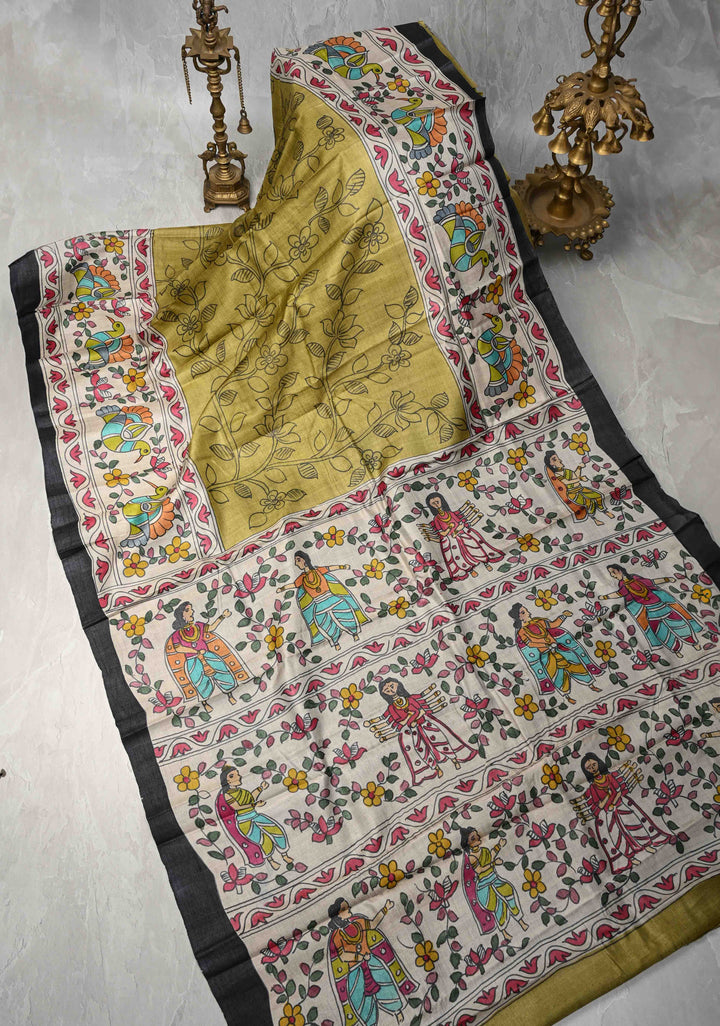 Olive Green Tussar Silk saree with Madhubani Handpainted | SILK MARK CERTIFIED