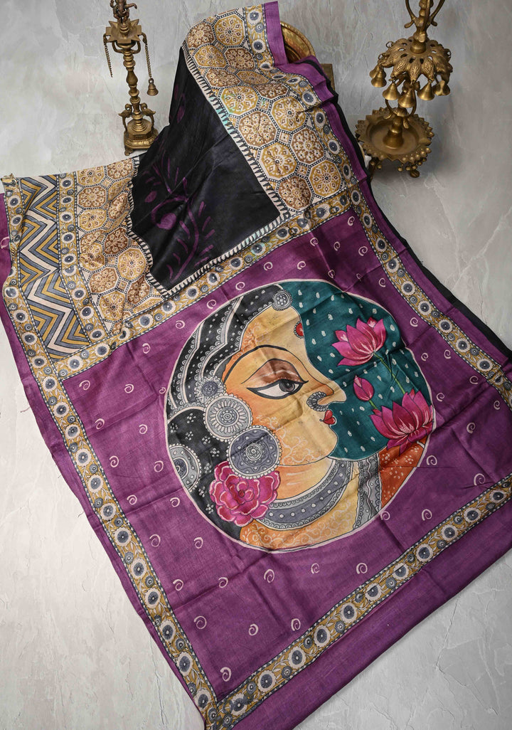 Black Jari Tussar Silk saree with Ajrakh Handblock Print and Sita Face Handpainting motifs on Pallu | SILK MARK CERTIFIED