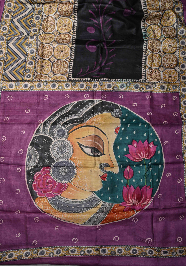 Black Jari Tussar Silk saree with Ajrakh Handblock Print and Sita Face Handpainting motifs on Pallu | SILK MARK CERTIFIED