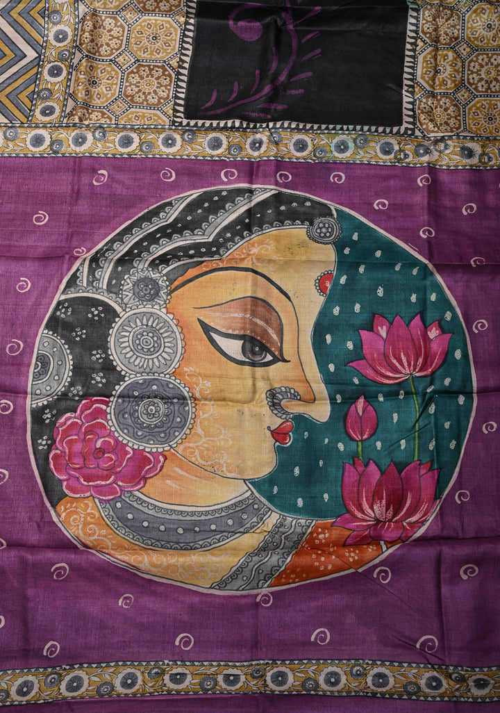 Black Jari Tussar Silk saree with Ajrakh Handblock Print and Sita Face Handpainting motifs on Pallu | SILK MARK CERTIFIED