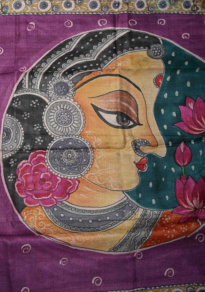 Black Jari Tussar Silk saree with Ajrakh Handblock Print and Sita Face Handpainting motifs on Pallu | SILK MARK CERTIFIED