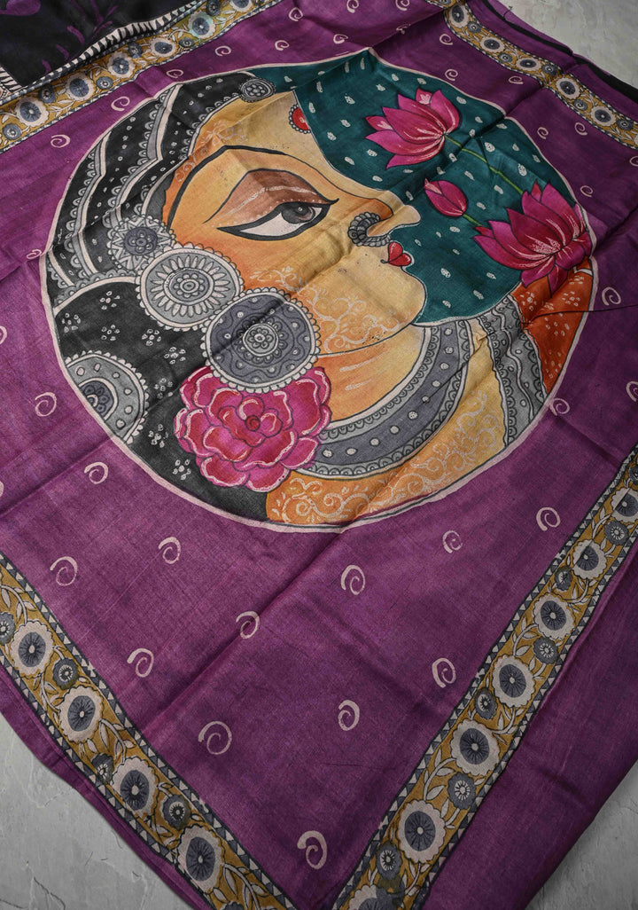 Black Jari Tussar Silk saree with Ajrakh Handblock Print and Sita Face Handpainting motifs on Pallu | SILK MARK CERTIFIED