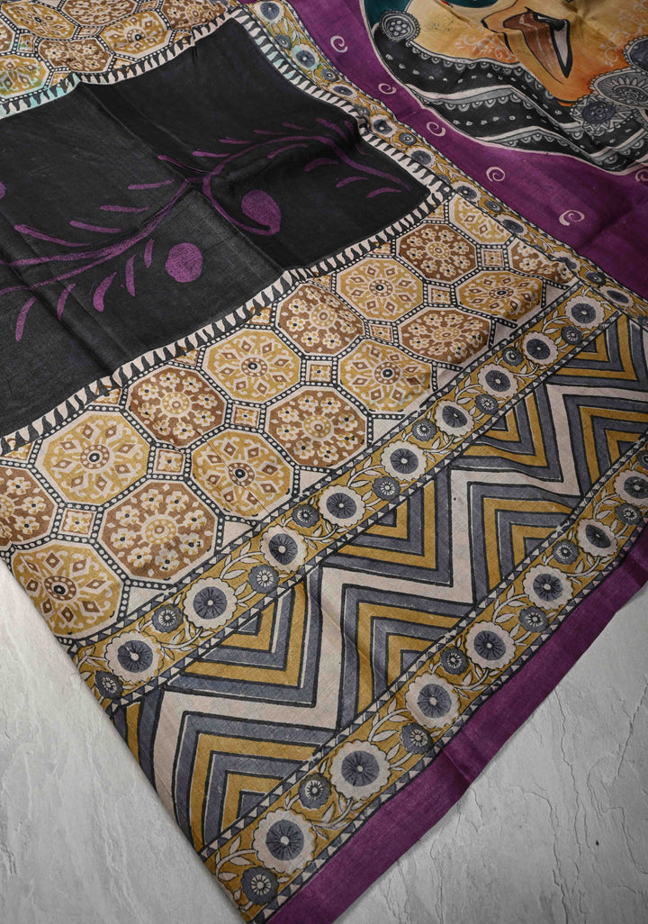 Black Jari Tussar Silk saree with Ajrakh Handblock Print and Sita Face Handpainting motifs on Pallu | SILK MARK CERTIFIED