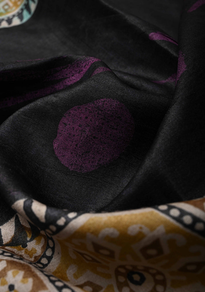 Black Jari Tussar Silk saree with Ajrakh Handblock Print and Sita Face Handpainting motifs on Pallu | SILK MARK CERTIFIED