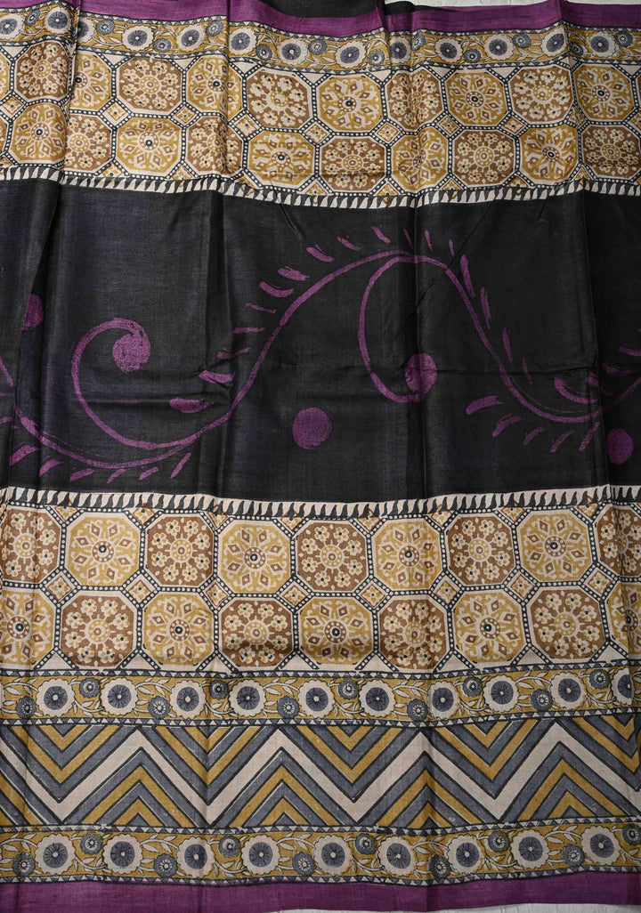 Black Jari Tussar Silk saree with Ajrakh Handblock Print and Sita Face Handpainting motifs on Pallu | SILK MARK CERTIFIED