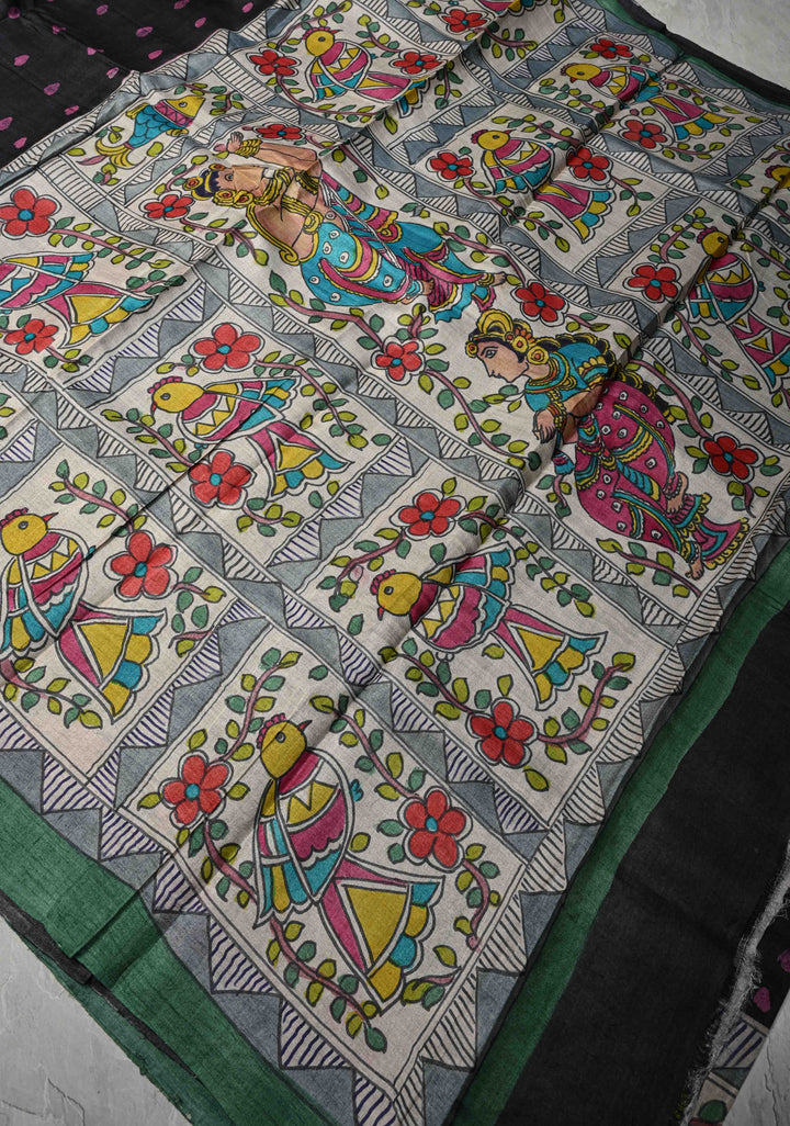 Black Lightweight Tussar Silk saree with Kalamkari Style  Hand painted | SILK MARK CERTIFIED