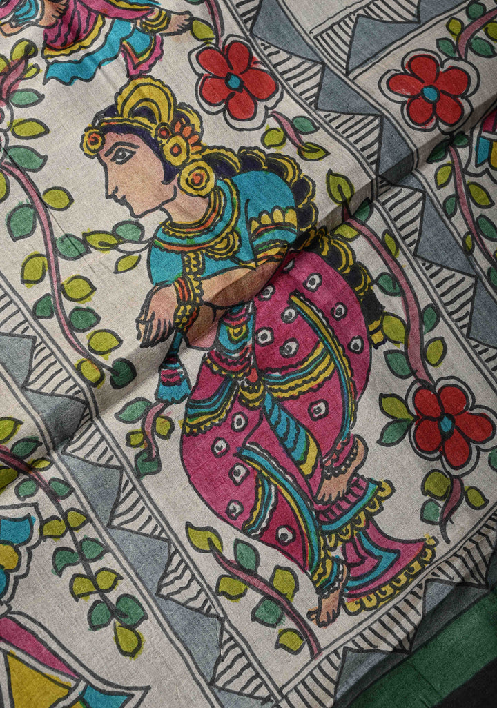 Black Lightweight Tussar Silk saree with Kalamkari Style  Hand painted | SILK MARK CERTIFIED