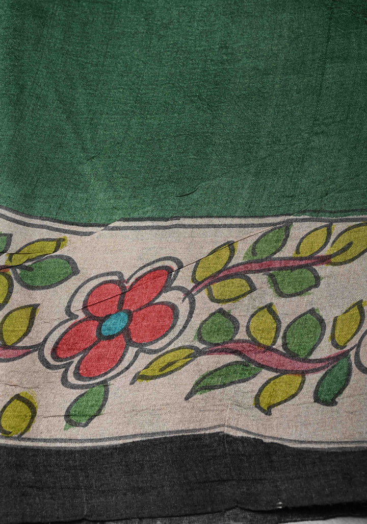 Black Lightweight Tussar Silk saree with Kalamkari Style  Hand painted | SILK MARK CERTIFIED