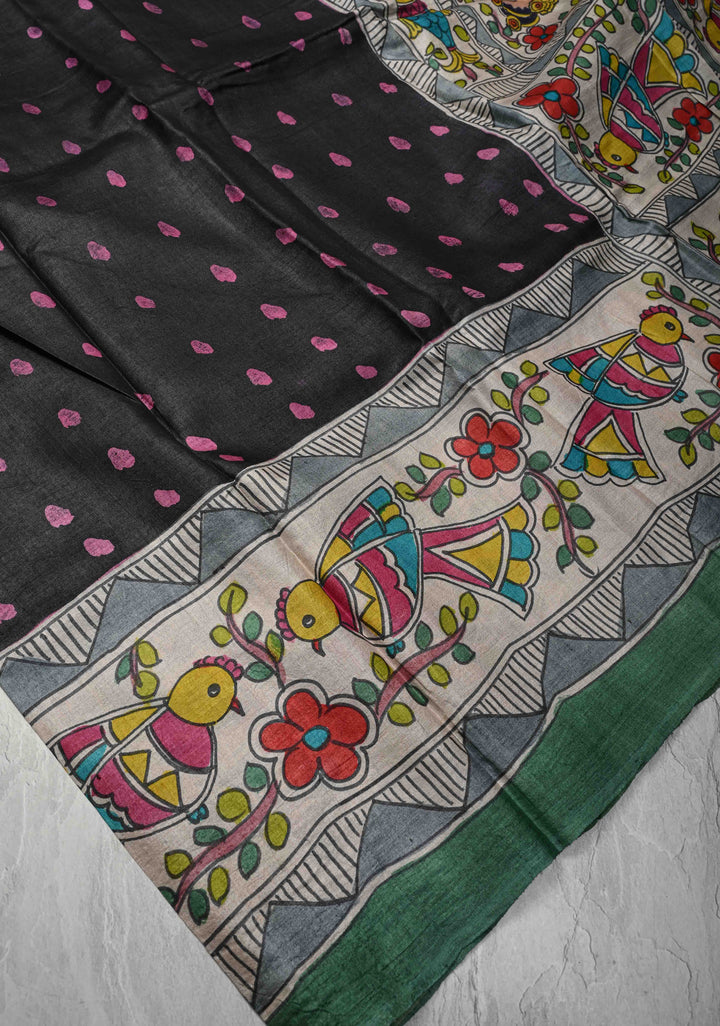 Black Lightweight Tussar Silk saree with Kalamkari Style  Hand painted | SILK MARK CERTIFIED