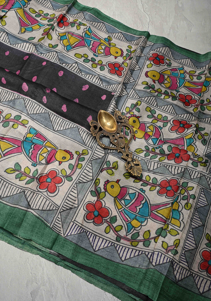 Black Lightweight Tussar Silk saree with Kalamkari Style  Hand painted | SILK MARK CERTIFIED