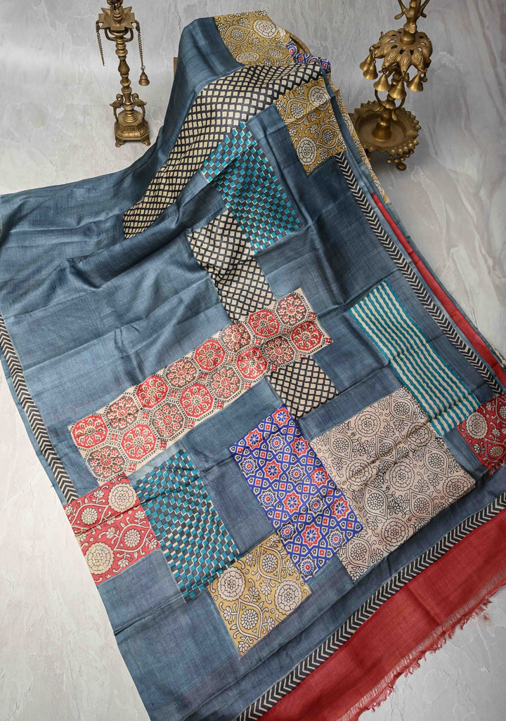 Greyish Blue Tussar Silk saree with Patch work Pattern Print | SILK MARK CERTIFIED