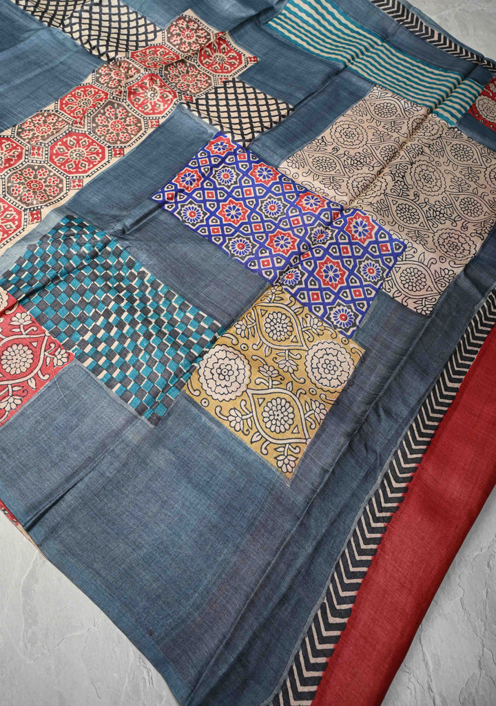 Greyish Blue Tussar Silk saree with Patch work Pattern Print | SILK MARK CERTIFIED