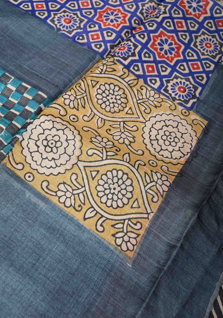 Greyish Blue Tussar Silk saree with Patch work Pattern Print | SILK MARK CERTIFIED
