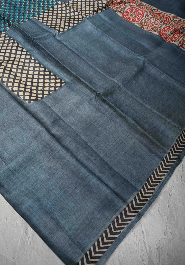 Greyish Blue Tussar Silk saree with Patch work Pattern Print | SILK MARK CERTIFIED