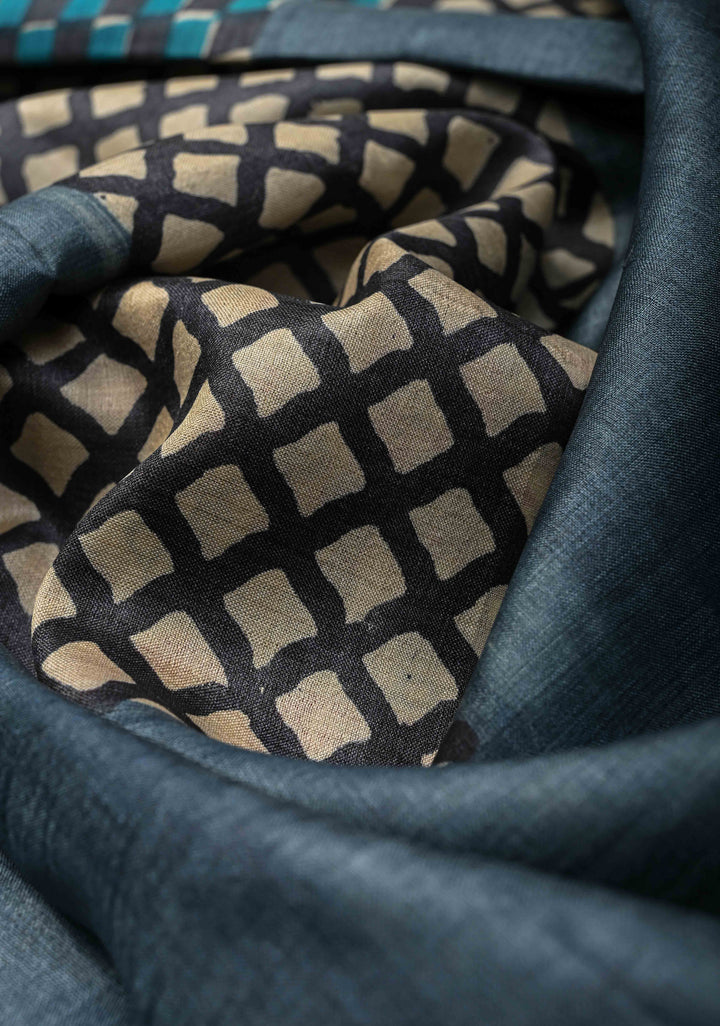 Greyish Blue Tussar Silk saree with Patch work Pattern Print | SILK MARK CERTIFIED