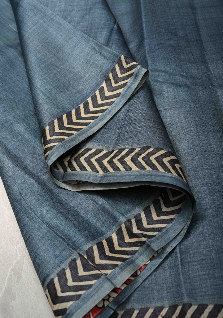 Greyish Blue Tussar Silk saree with Patch work Pattern Print | SILK MARK CERTIFIED