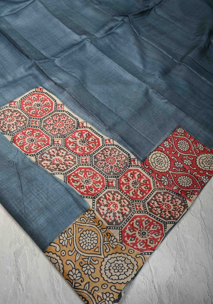 Greyish Blue Tussar Silk saree with Patch work Pattern Print | SILK MARK CERTIFIED
