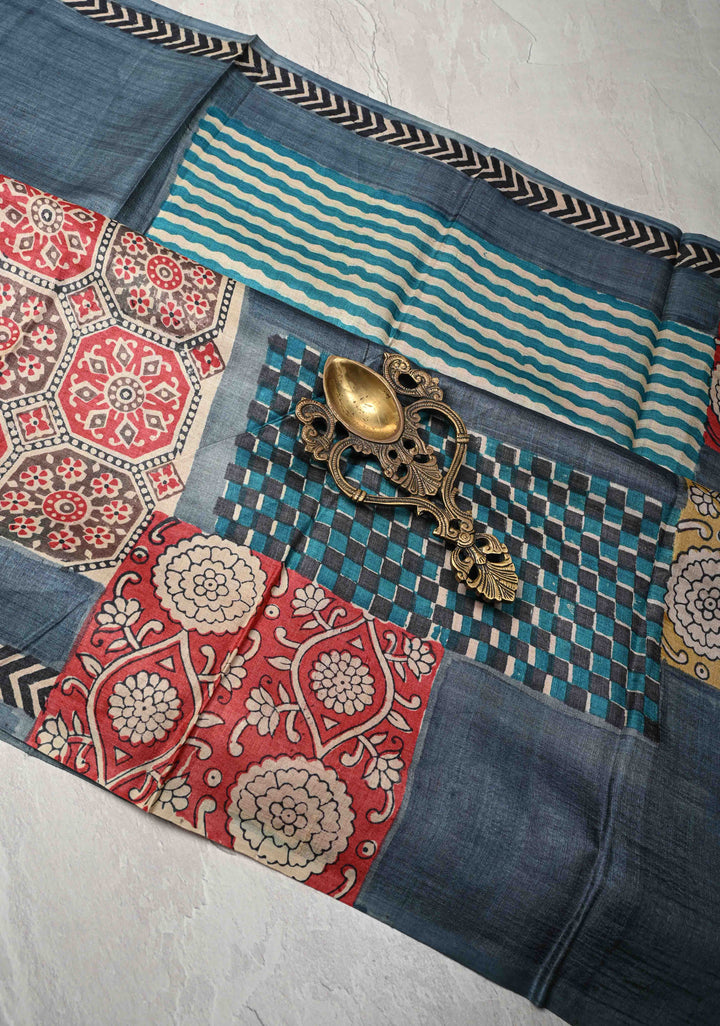 Greyish Blue Tussar Silk saree with Patch work Pattern Print | SILK MARK CERTIFIED