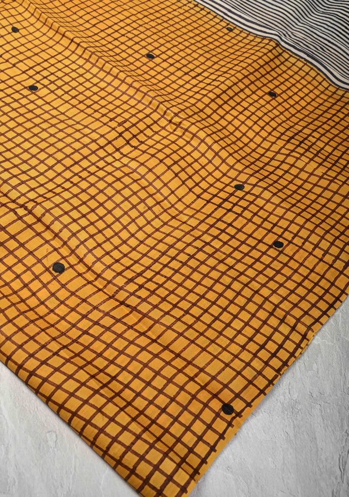 Mustard Yellow  Tussar Silk saree with Checks Pattern Print and Stripes Design Pallu | SILK MARK CERTIFIED