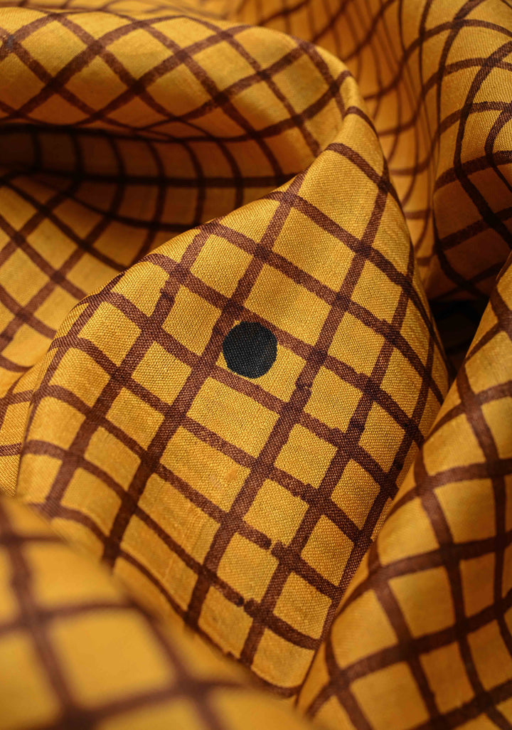 Mustard Yellow  Tussar Silk saree with Checks Pattern Print and Stripes Design Pallu | SILK MARK CERTIFIED